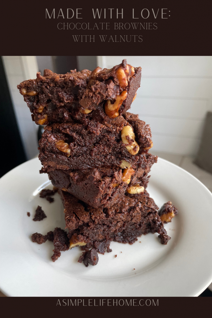 made with love chocolate brownies with walnuts  on a white plate