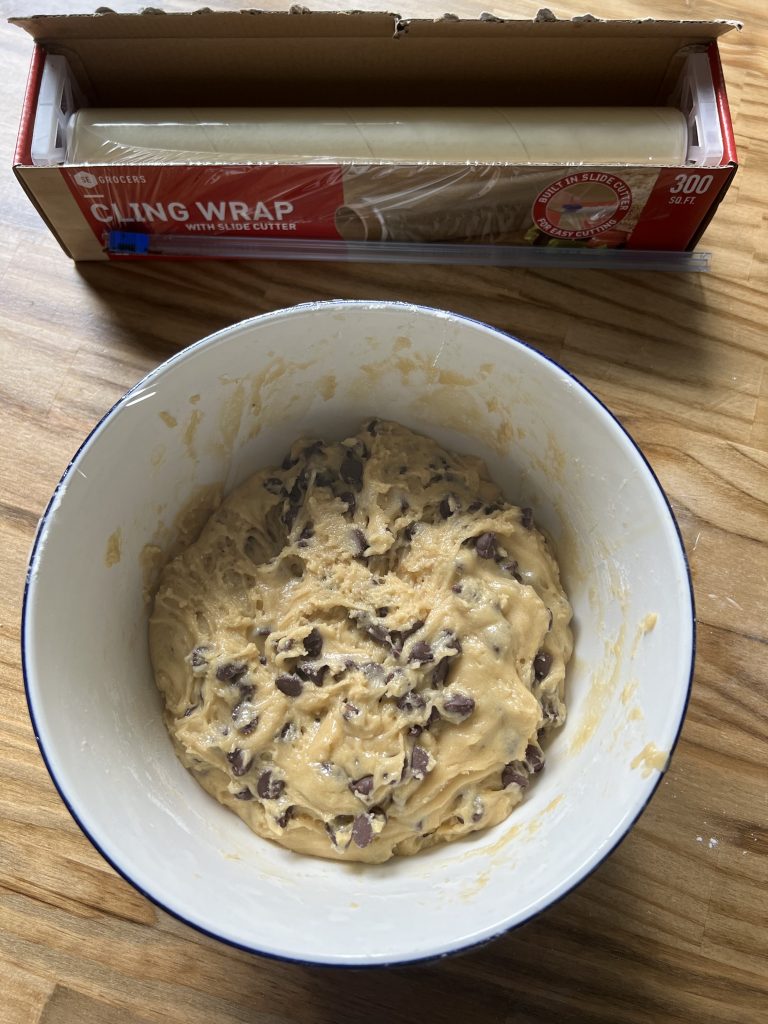 semi sweet chocolate chips folded into sourdough chocolate chip cookie dough